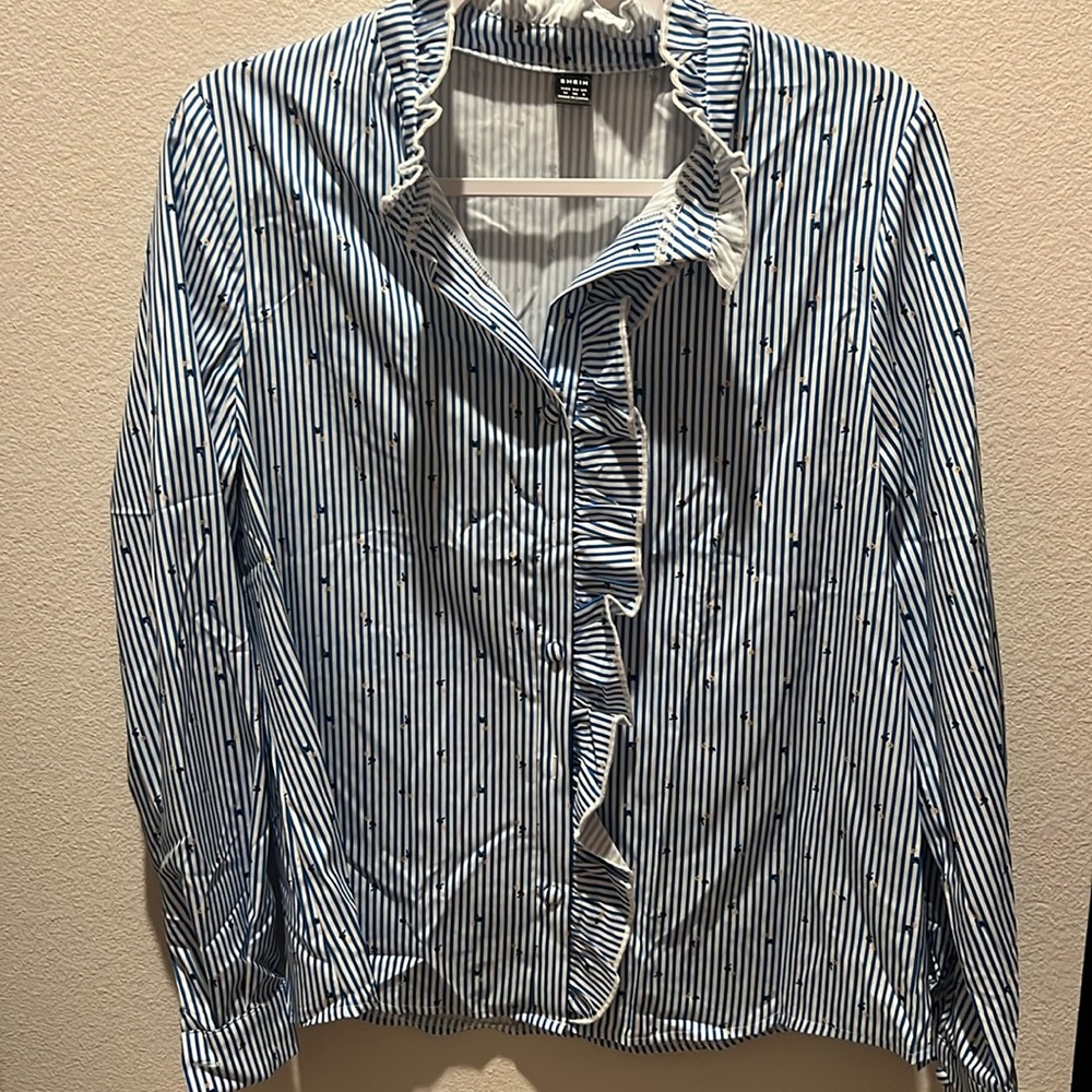 SHEIN blouse, size medium, white and blue top with flower details